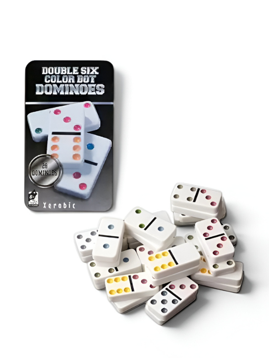 Double 6 Color Dot Dominoes Set with Tin Case - 28 Pieces Classic Tabletop Board Game for Family, Adults, and Kids - Premium White Tiles Educational Toy TV5418
