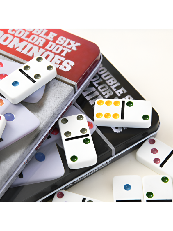 Double 6 Color Dot Dominoes Set with Tin Case - 28 Pieces Classic Tabletop Board Game for Family, Adults, and Kids - Premium White Tiles Educational Toy TV5418