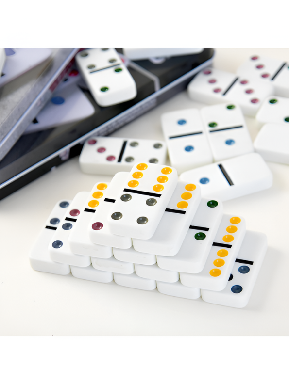 Double 6 Color Dot Dominoes Set with Tin Case - 28 Pieces Classic Tabletop Board Game for Family, Adults, and Kids - Premium White Tiles Educational Toy TV5418