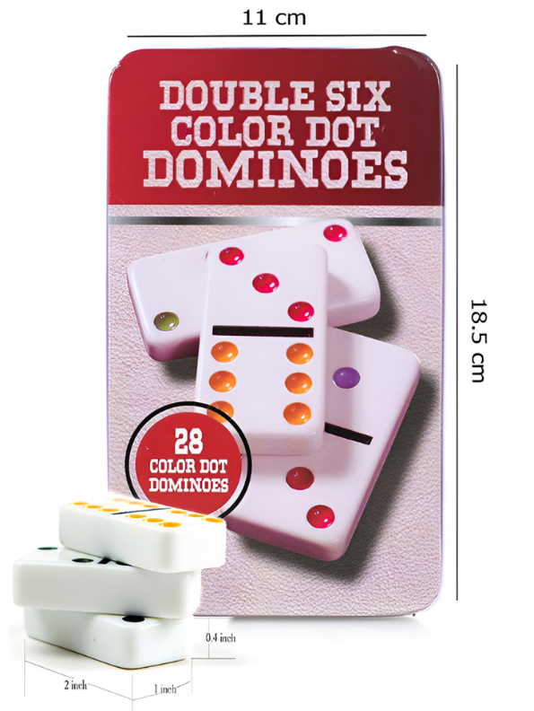 Double 6 Color Dot Dominoes Set with Tin Case - 28 Pieces Classic Tabletop Board Game for Family, Adults, and Kids - Premium White Tiles Educational Toy TV5418