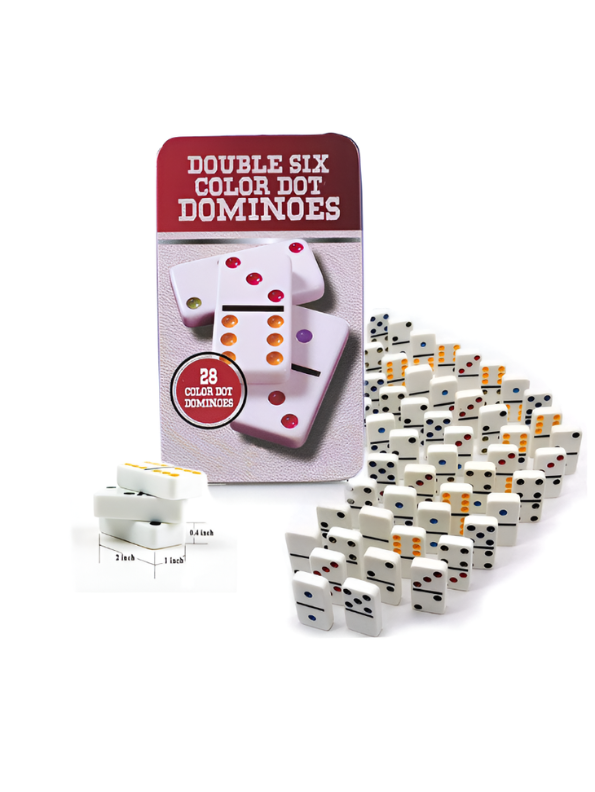 Double 6 Color Dot Dominoes Set with Tin Case - 28 Pieces Classic Tabletop Board Game for Family, Adults, and Kids - Premium White Tiles Educational Toy TV5418