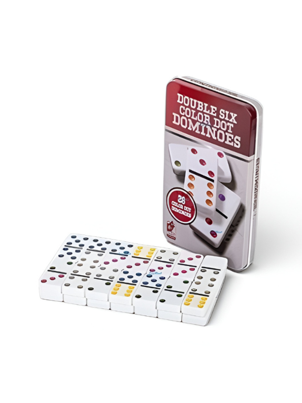 Double 6 Color Dot Dominoes Set with Tin Case - 28 Pieces Classic Tabletop Board Game for Family, Adults, and Kids - Premium White Tiles Educational Toy TV5418