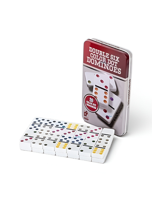 Double 6 Color Dot Dominoes Set with Tin Case - 28 Pieces Classic Tabletop Board Game for Family, Adults, and Kids - Premium White Tiles Educational Toy TV5418
