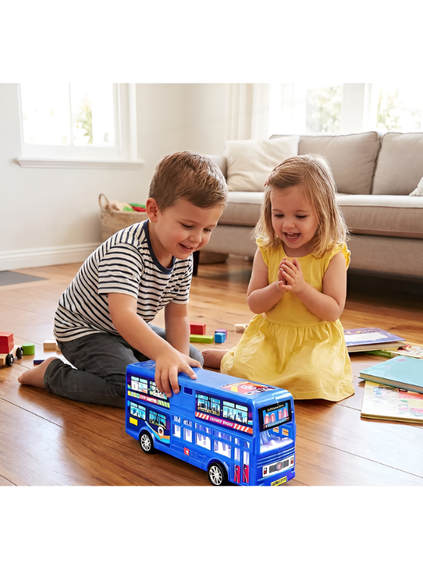 Double Decker Sightseeing Bus Toy for Kids Blue – Friction Powered City Tour Vehicle, Realistic Interior & Smooth Edges for Toddlers LMI7620
