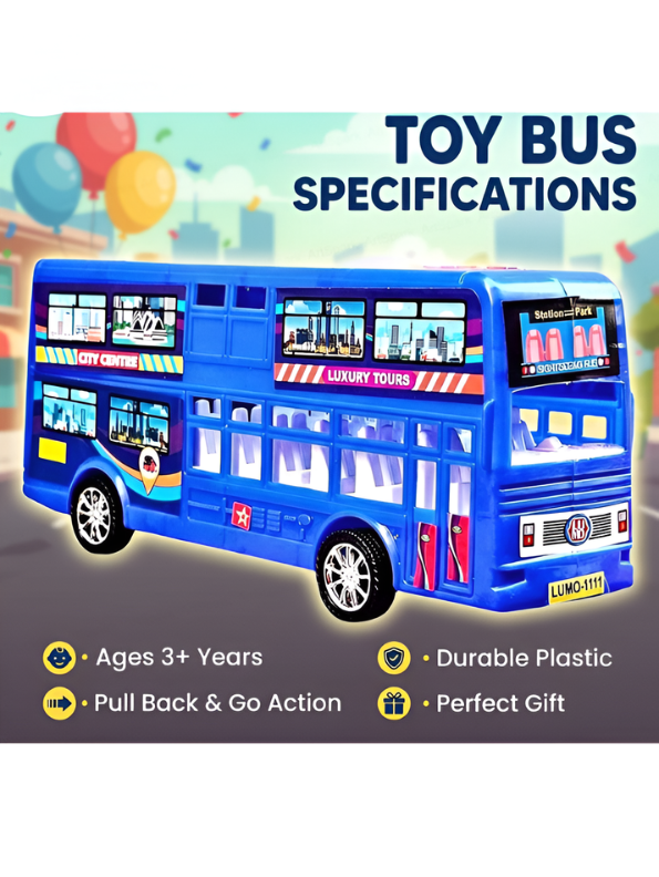 Double Decker Sightseeing Bus Toy for Kids Blue – Friction Powered City Tour Vehicle, Realistic Interior & Smooth Edges for Toddlers LMI7620