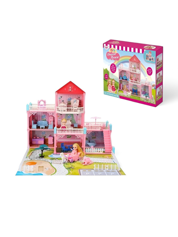 Dream Dollhouse Playset for Girls – 3 Story Pink Villa with Furniture & Dolls TV4004.