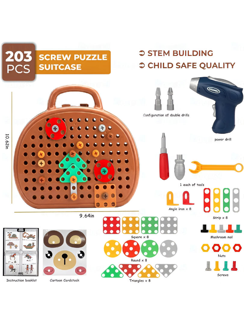 Educational 2D & 3D Mosaic Screw Puzzle Case with Electric Toy Drill 203-Piece Kids TV7240