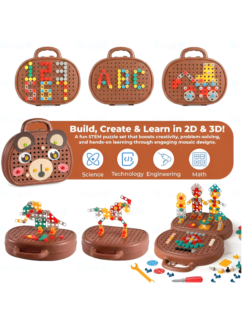 Educational 2D & 3D Mosaic Screw Puzzle Case with Electric Toy Drill 203-Piece Kids TV7240