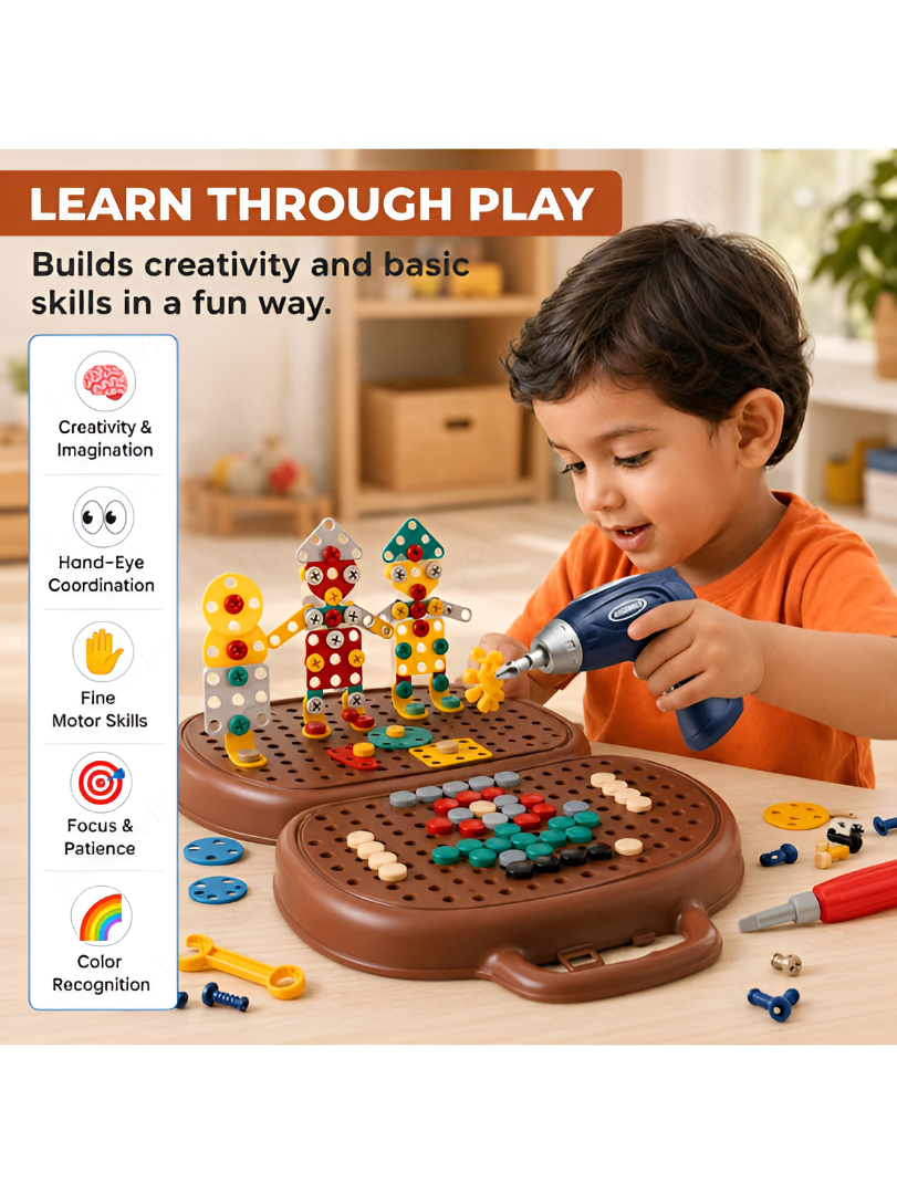 Educational 2D & 3D Mosaic Screw Puzzle Case with Electric Toy Drill 203-Piece Kids TV7240