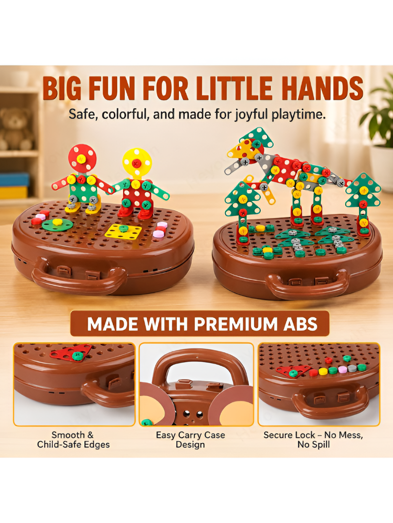 Educational 2D & 3D Mosaic Screw Puzzle Case with Electric Toy Drill 203-Piece Kids TV7240