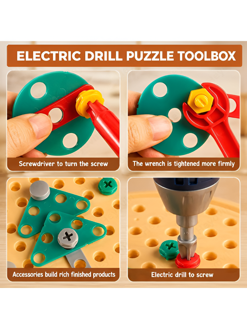 Educational 2D & 3D Mosaic Screw Puzzle Case with Electric Toy Drill 203-Piece Kids TV7240