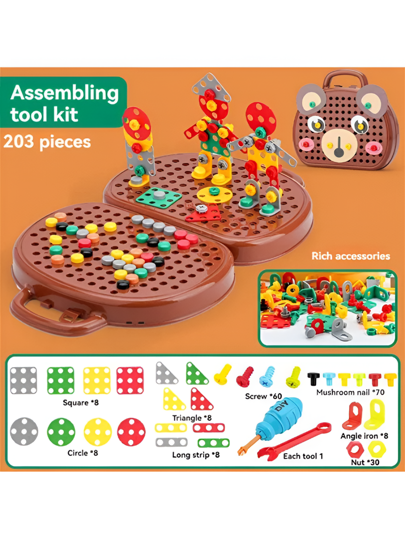 Educational 2D & 3D Mosaic Screw Puzzle Case with Electric Toy Drill 203-Piece Kids TV7240