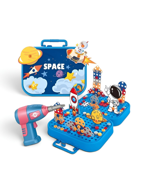 Educational DIY STEM Construction Toy for Kids: Space-Themed Puzzle Block Set with Working Electric Screwdriver TV7366