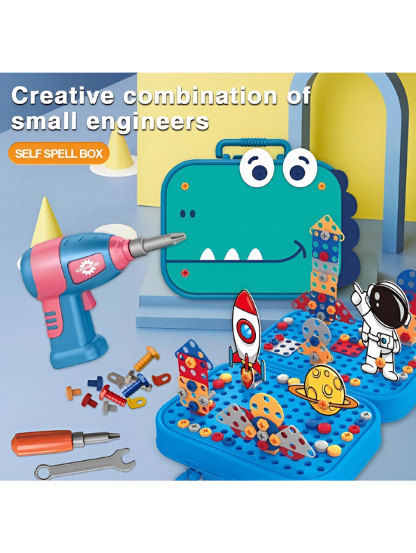 Educational DIY STEM Construction Toy for Kids: Space-Themed Puzzle Block Set with Working Electric Screwdriver TV7366
