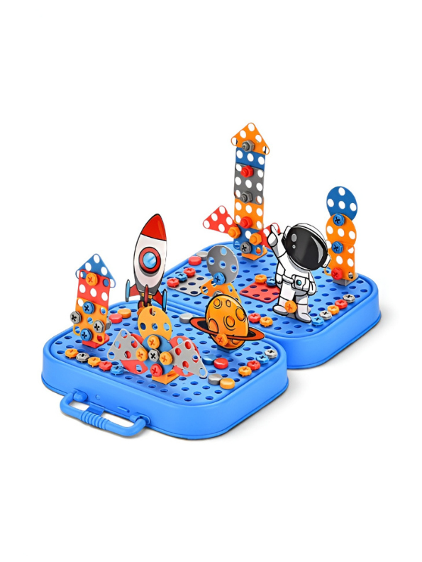 Educational DIY STEM Construction Toy for Kids: Space-Themed Puzzle Block Set with Working Electric Screwdriver TV7366