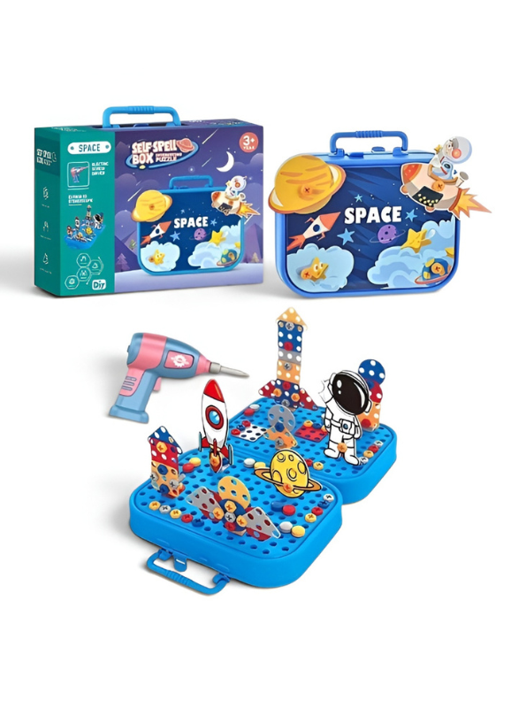 Educational DIY STEM Construction Toy for Kids: Space-Themed Puzzle Block Set with Working Electric Screwdriver TV7366