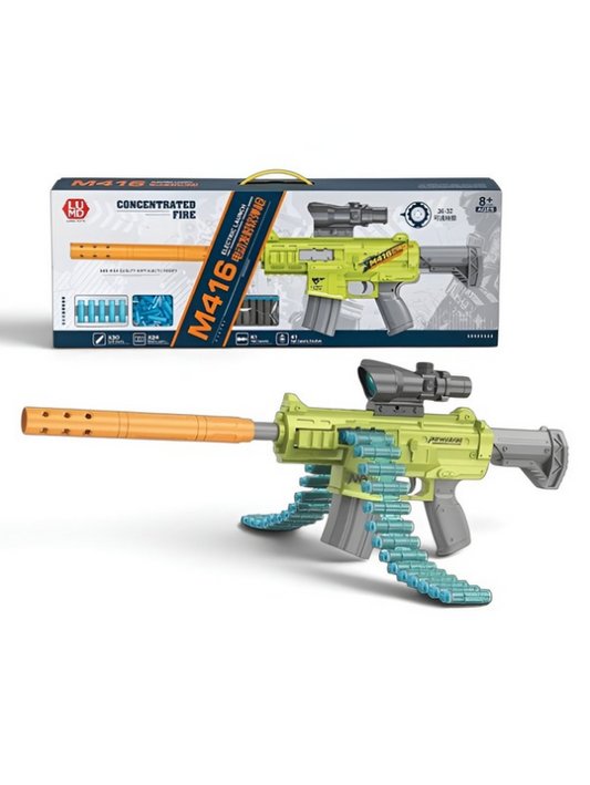 Electric M416 Automatic Toy Blaster Rifle with Belt Feed, Scope, Silencer & Soft Foam Darts LMI13831