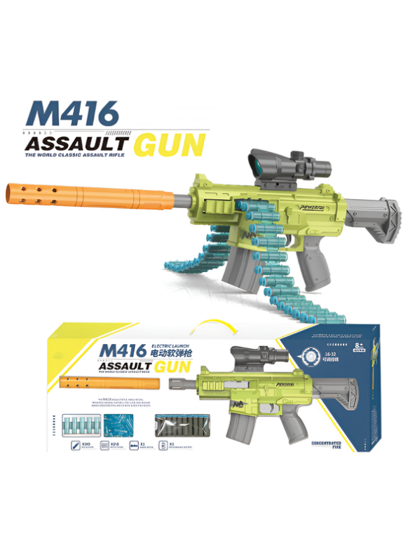 Electric M416 Automatic Toy Blaster Rifle with Belt Feed, Scope, Silencer & Soft Foam Darts LMI13831