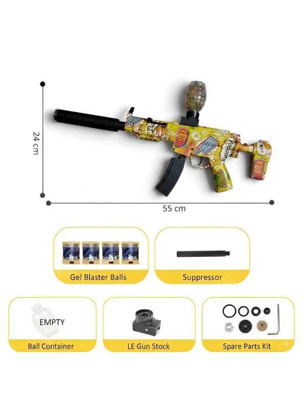 Electric MP5 Gel Ball Blaster Toy Gun with Silencer & Hopper, Rechargeable Automatic Splatter Ball Blaster