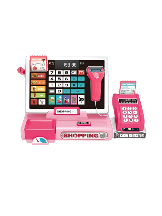 Electronic Cash Register Toy – Pink Pretend Play Grocery Store Set with Scanner, Credit Card Reader, and Conveyor Belt Toy LMI15254.