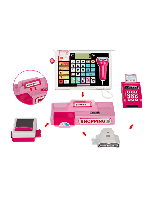 Electronic Cash Register Toy – Pink Pretend Play Grocery Store Set with Scanner, Credit Card Reader, and Conveyor Belt Toy LMI15254.