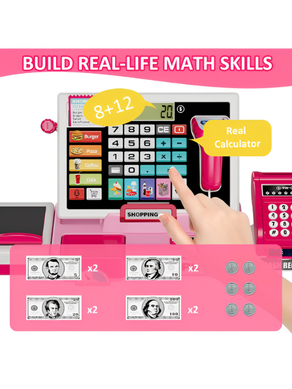 Electronic Cash Register Toy – Pink Pretend Play Grocery Store Set with Scanner, Credit Card Reader, and Conveyor Belt Toy LMI15254.