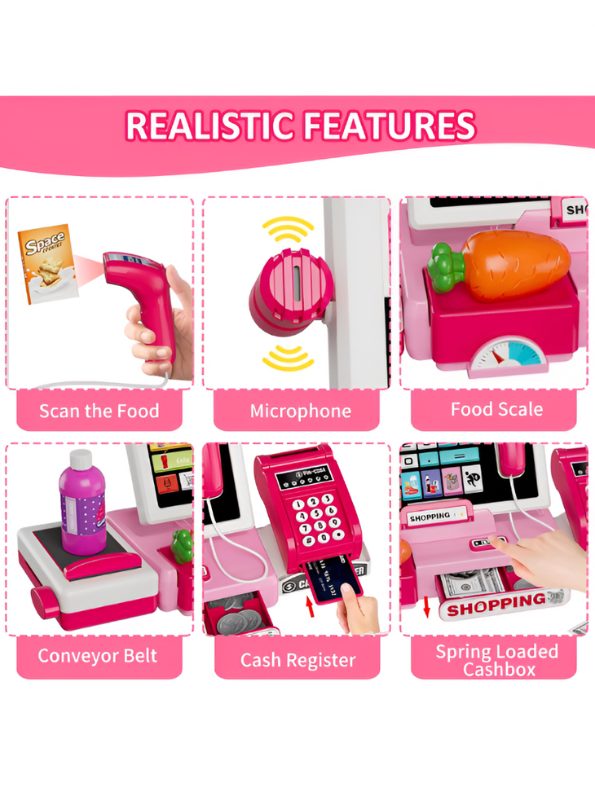 Electronic Cash Register Toy – Pink Pretend Play Grocery Store Set with Scanner, Credit Card Reader, and Conveyor Belt Toy LMI15254.