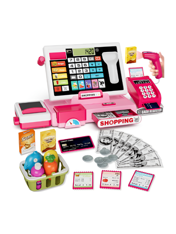 Electronic Cash Register Toy – Pink Pretend Play Grocery Store Set with Scanner, Credit Card Reader, and Conveyor Belt Toy LMI15254.