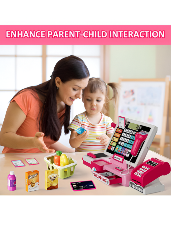 Electronic Cash Register Toy – Pink Pretend Play Grocery Store Set with Scanner, Credit Card Reader, and Conveyor Belt Toy LMI15254.