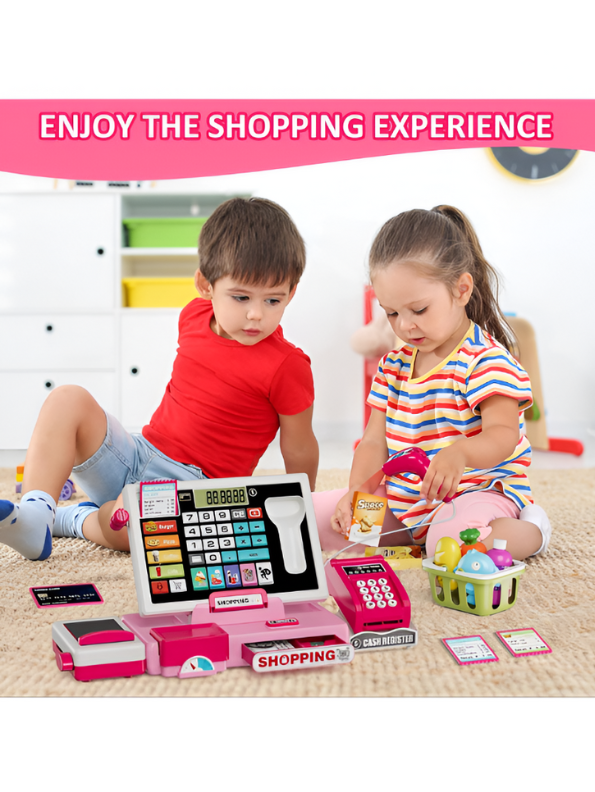 Electronic Cash Register Toy – Pink Pretend Play Grocery Store Set with Scanner, Credit Card Reader, and Conveyor Belt Toy LMI15254.