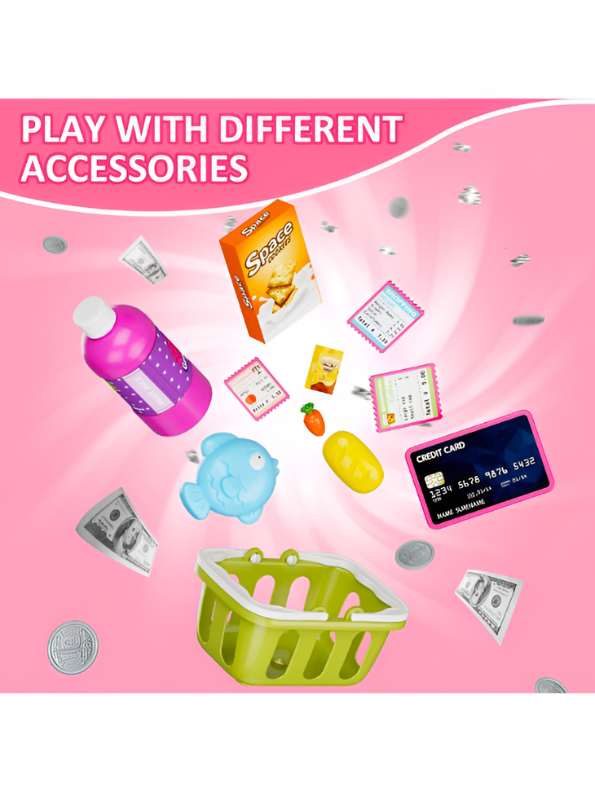 Electronic Cash Register Toy – Pink Pretend Play Grocery Store Set with Scanner, Credit Card Reader, and Conveyor Belt Toy LMI15254.