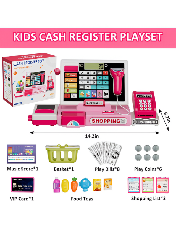 Electronic Cash Register Toy – Pink Pretend Play Grocery Store Set with Scanner, Credit Card Reader, and Conveyor Belt Toy LMI15254.