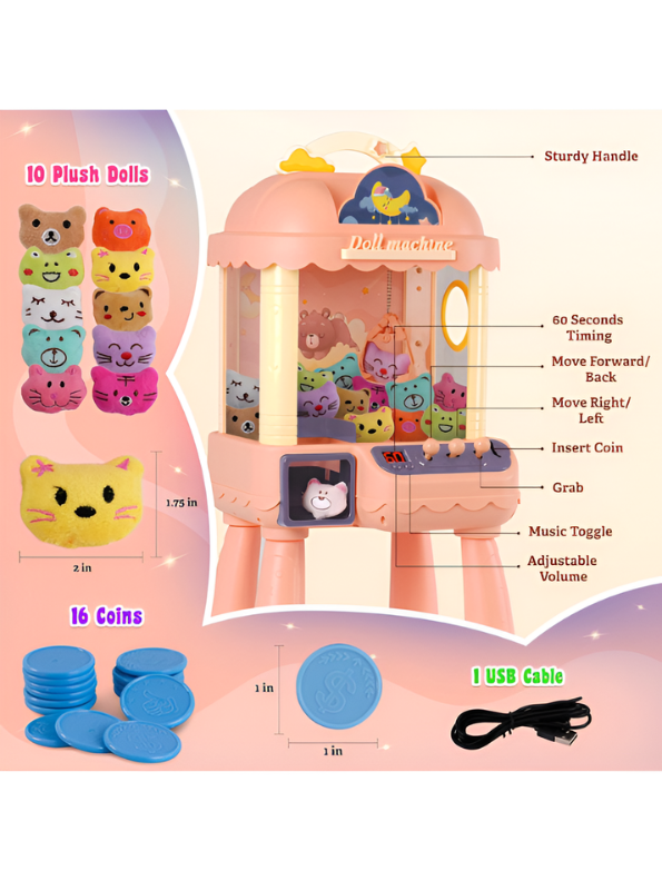Electronic Mini Claw Machine – Arcade Game with 10 Plush Dolls, Lights, Music & Detachable Legs For Kids MD13