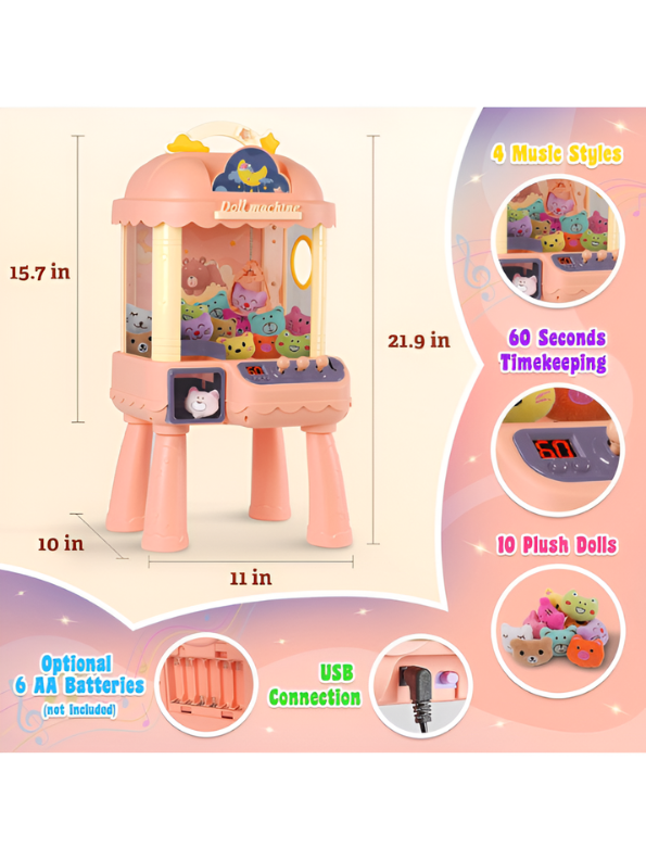 Electronic Mini Claw Machine – Arcade Game with 10 Plush Dolls, Lights, Music & Detachable Legs For Kids MD13