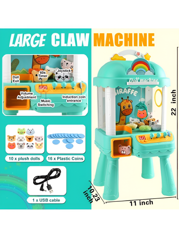 Electronic Mini Claw Machine – Green Arcade Game with 10 Plush Dolls, Lights, Music & Detachable Legs For Kids MD13