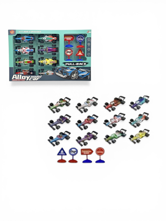F1 Formula Racing Car Set - Alloy Model Cars  with 4 Traffic Road Signs, Racing Toy Set MD3570.