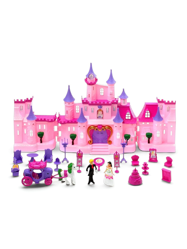 Fairy Tale Dream Castle Playset – Royal Figures, Horse Carriage & Furniture (Pink/Purple) MD417