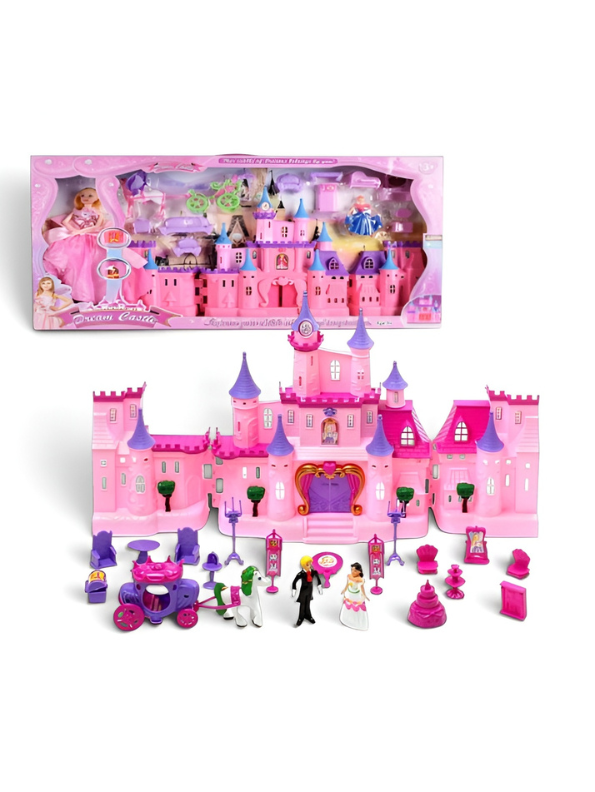 Fairy Tale Dream Castle Playset – Royal Figures, Horse Carriage & Furniture (Pink/Purple) MD417
