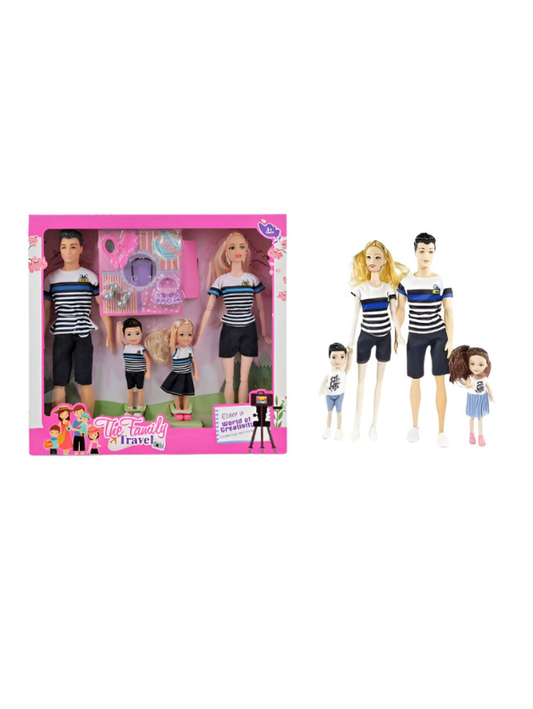 Family Travel Doll Playset | 4-Piece Fashion Doll Family with Mom, Dad, Son & Daughter, Travel Accessories & Moveable Joints LMI7684.