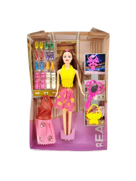 Fashion Doll Gift Set  – Dress-Up Doll Toy with 10 Pairs of Shoes, Extra Outfit, Purse, Mirror & Jewelry Accessories LMI10076.