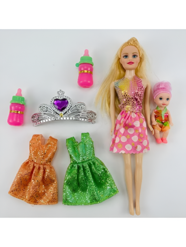 Fashion Princess Doll Playset with Mini Baby Doll, Tiara Crown, Extra Outfits & Accessories – Pretend Play Dressing Toy Gift Set for Girls Ages 3+ LMI10119