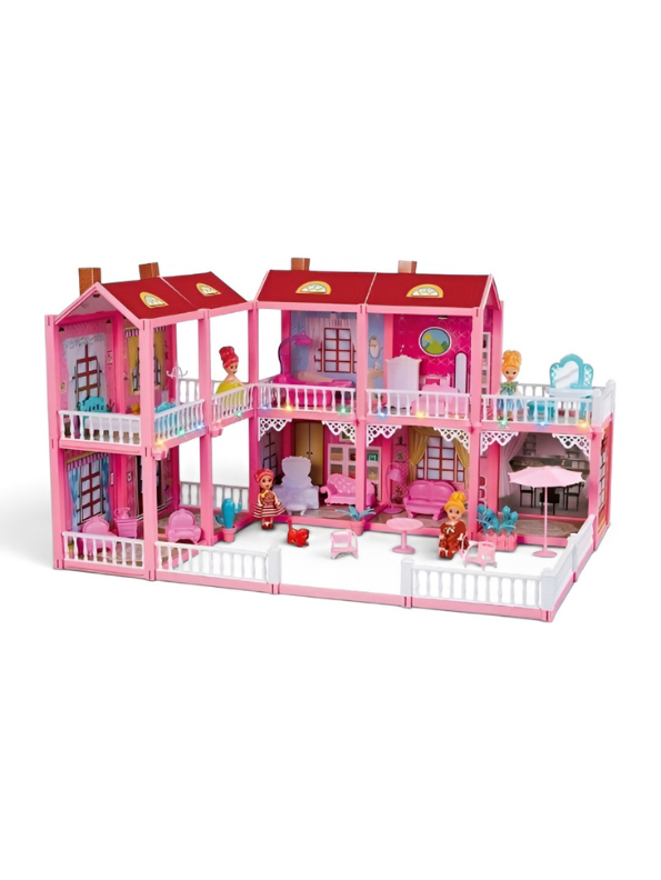 Fashion Villa DIY 225-Piece Pink Doll House Play Set with Lights, Dolls & Furniture for Kids (Ages 3+) TV6970