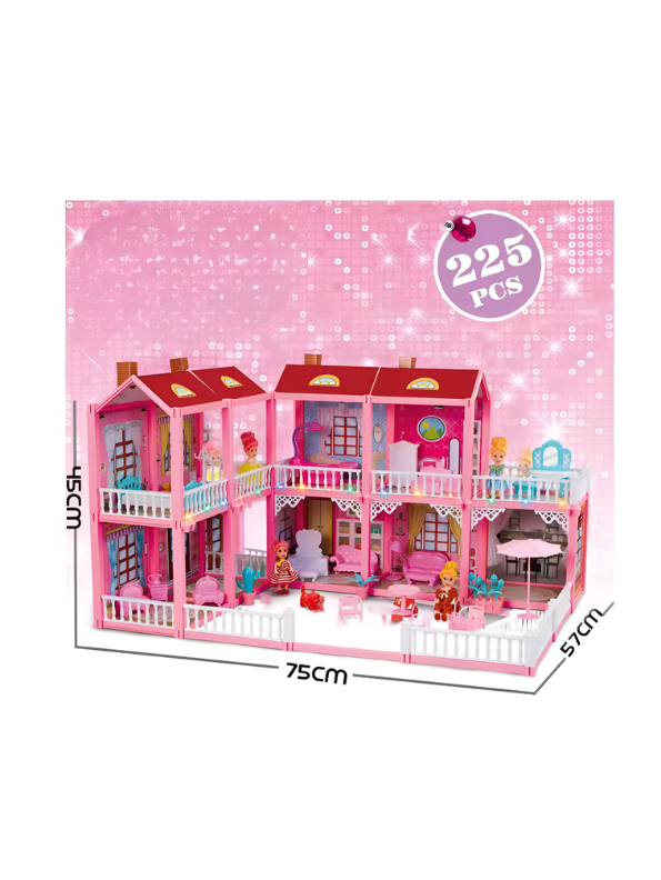 Fashion Villa DIY 225-Piece Pink Doll House Play Set with Lights, Dolls & Furniture for Kids (Ages 3+) TV6970