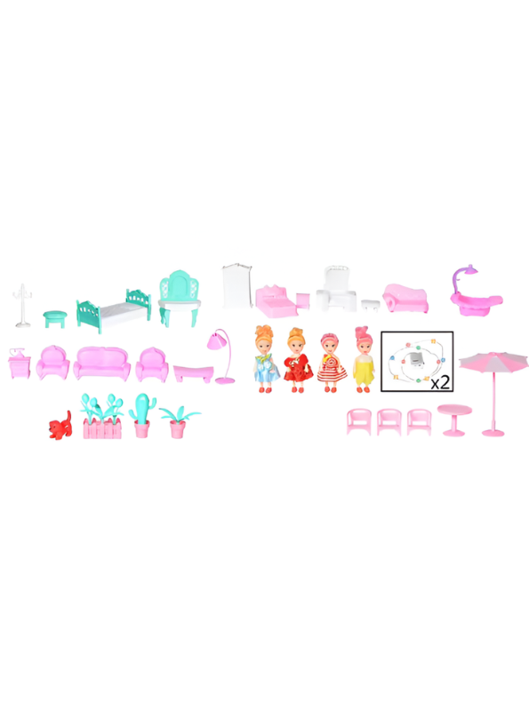 Fashion Villa DIY 225-Piece Pink Doll House Play Set with Lights, Dolls & Furniture for Kids (Ages 3+) TV6970