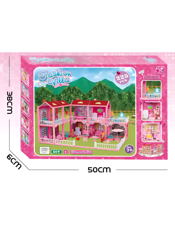 Fashion Villa DIY 225-Piece Pink Doll House Play Set with Lights, Dolls & Furniture for Kids (Ages 3+) TV6970