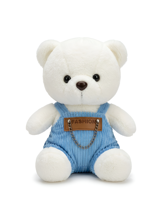 Fashionable White/ Blue Teddy Bear Plush – 8-Inch Stuffed Animal in Pink Corduroy Dungarees, Soft Collectible Toy ST16759