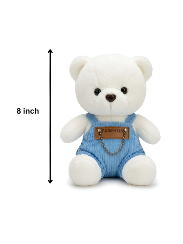 Fashionable White/ Blue Teddy Bear Plush – 8-Inch Stuffed Animal in Pink Corduroy Dungarees, Soft Collectible Toy ST16759