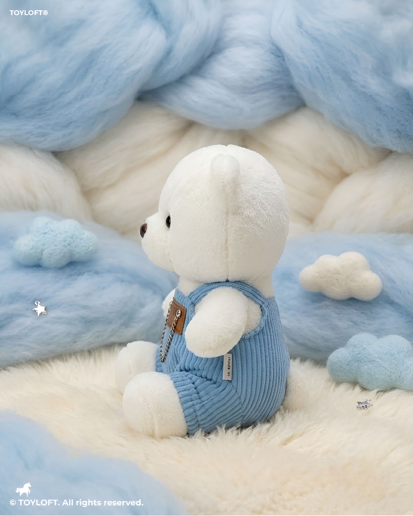 Fashionable White/ Blue Teddy Bear Plush – 8-Inch Stuffed Animal in Pink Corduroy Dungarees, Soft Collectible Toy ST16759