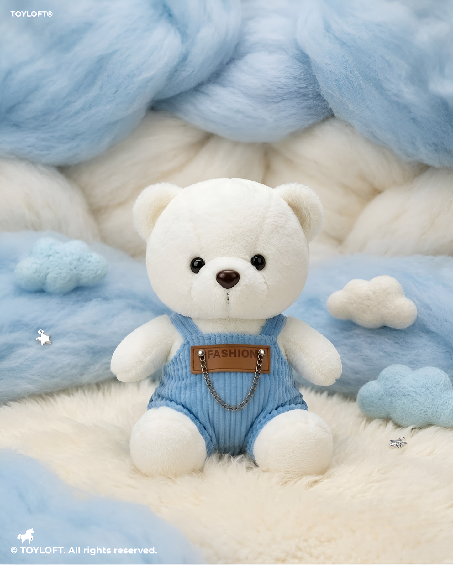 Fashionable White/ Blue Teddy Bear Plush – 8-Inch Stuffed Animal in Pink Corduroy Dungarees, Soft Collectible Toy ST16759