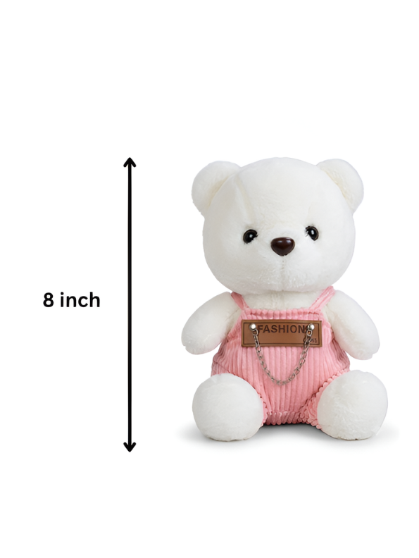 Fashionable White/ Pink Teddy Bear Plush – 8-Inch Stuffed Animal in Pink Corduroy Dungarees, Soft Collectible Toy ST16759